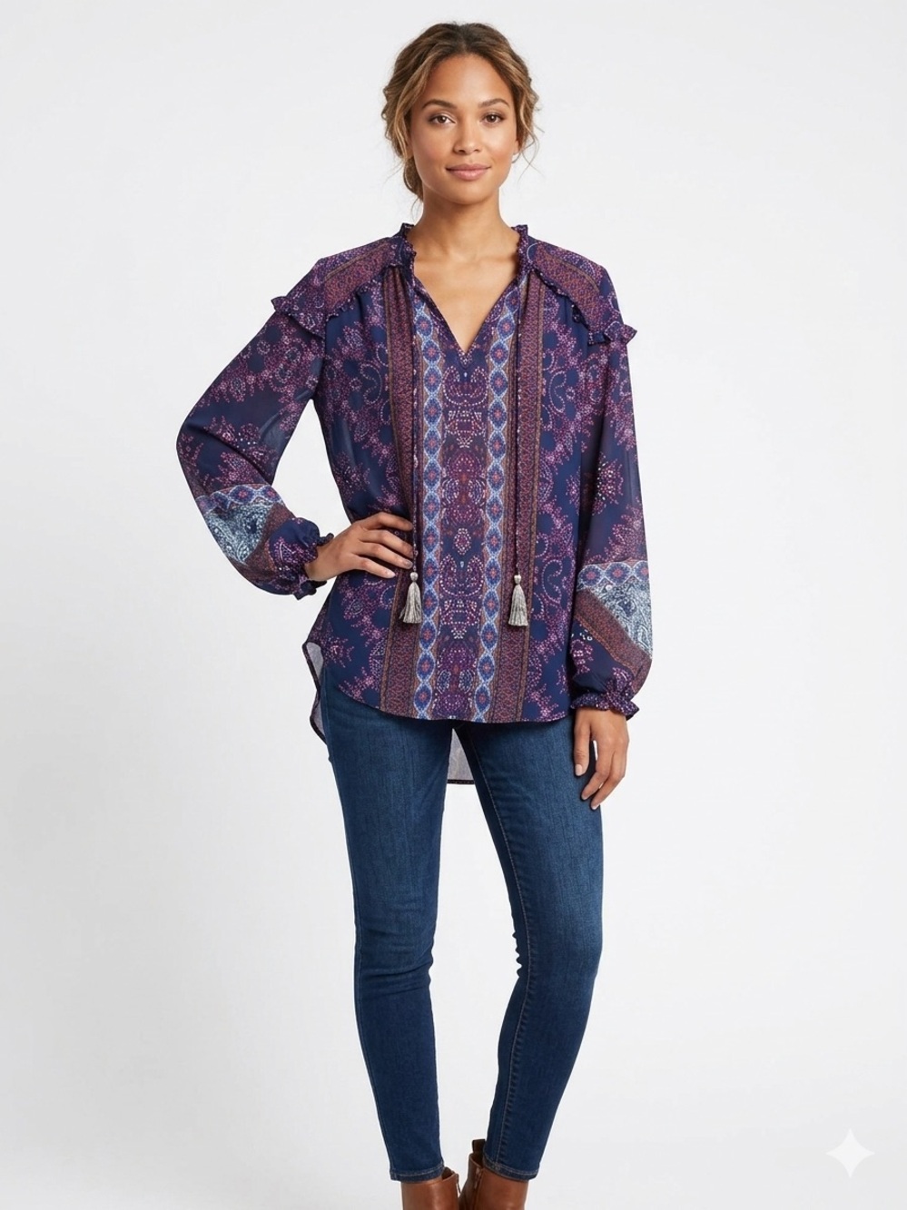 Knox Rose NWOT Navy Boho Peasant Blouse Split Neck No Stretch Tassels